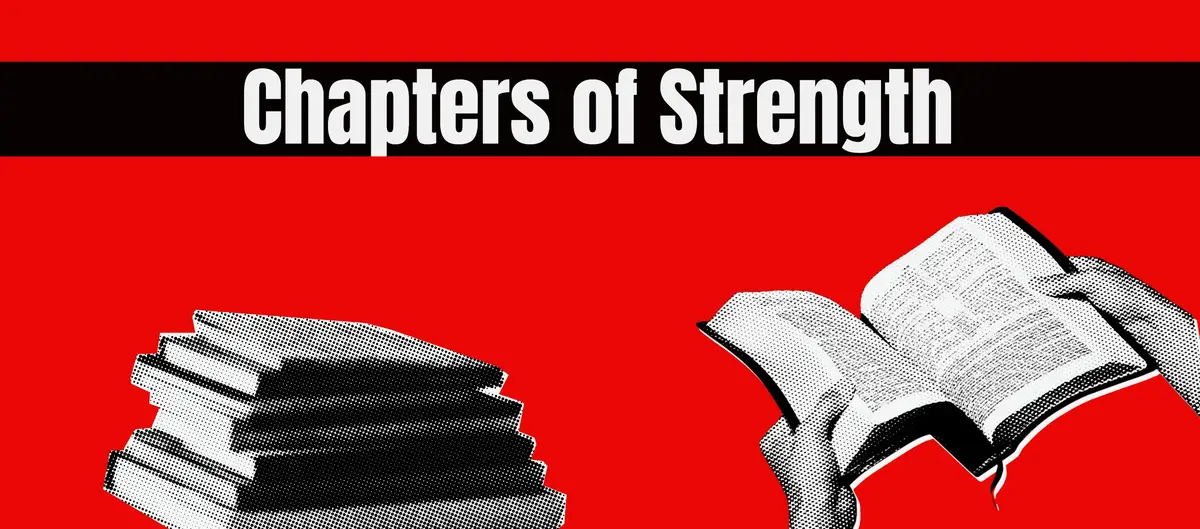 Chapters of Strength, with a stack of books and an open book on a red background