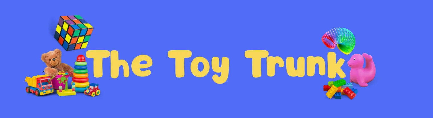 The Toy Trunk, surrounded by a teddy bear, building blocks, a toy truck and a rainbow spring